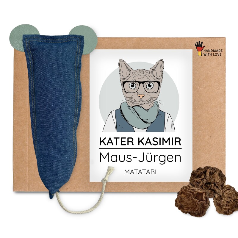 Kater Kasimir MAUS-JÜRGEN - XXL Spielmaus, handgemacht aus robustem Jeans-Stoff und Leder Ohren (Matatabi)