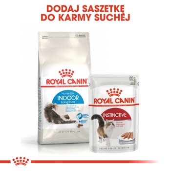 Opakowanie Royal Canin dla suchej karmy "Home Life Indoor Long Hair" i mokrej karmy "Instinctive", z czerwonym nagłówkiem: "DODAJ SASZETKĘ DO KARMY SUCHEJ."