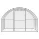Ein großes, gewölbtes Metallgehege für Haustiere mit einem Netzdesign und einer einzelnen Tür, geeignet für den Außenbereich.