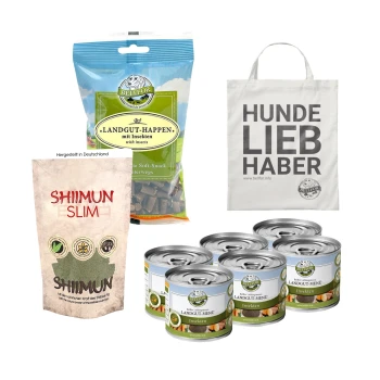 Haustierprodukte: "Landgut-Happen" Insekten-Snacks, "Shiimun Slim" Ergänzung, sechs "Landgut-Menü" Dosen und eine "Hunde Liebhaber" Tragetasche.