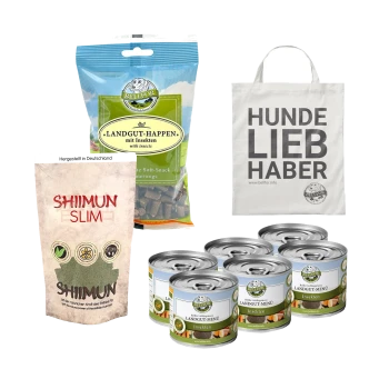 Haustierprodukte: "Landgut-Happen" Insekten-Snacks, "Shiimun Slim" Ergänzung, sechs "Landgut-Menü" Dosen und eine "Hunde Liebhaber" Tragetasche.