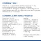 Étiquette d'aliment pour animaux en français montrant COMPOSITION et CONSTITUANTS ANALYTIQUES avec pourcentages de nutriments, vitamines et kcal.