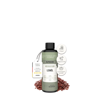 Flasche Alphazoo kaltgepresstes Leinsamenöl für Hunde und Katzen mit Omega 3, von Experten entwickelt, mit Produktbewertungsetikett.