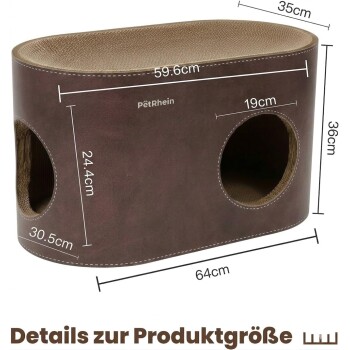 Braunes ovales Katzenhaus mit Kratzfläche und zwei runden Eingängen, welliger Oberseite, ‚PetRhein‘-Logo und Maßangaben (cm).
