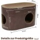 Braunes ovales Katzenhaus mit Kratzfläche und zwei runden Eingängen, welliger Oberseite, ‚PetRhein‘-Logo und Maßangaben (cm).