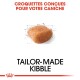 Image d'un morceau de croquette avec un contour esquissé, étiqueté 'CROQUETTES CONÇUES SUR MESURE' et 'TAILOR-MADE KIBBLE.'