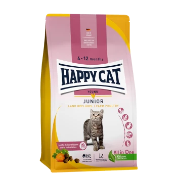 Happy Cat Junior Trockenfutter für junge Katzen im Alter von 4-12 Monaten, mit einem verspielten Kätzchen und hervorgehobenen Zutaten aus Geflügel vom Bauernhof.