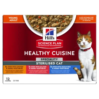 Hill's Science Plan Healthy Cuisine für sterilisierten Katzen, mit 12 Beuteln: 6 mit Huhn, 3 mit Lachs, 3 mit Meeresfisch.