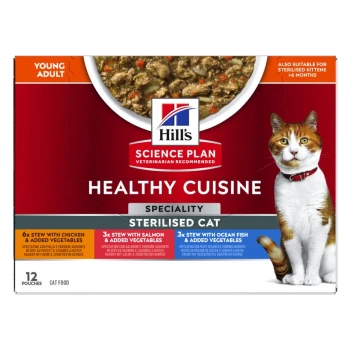 Plan żywieniowy Hill's Science Healthy Cuisine dla sterylizowanych kotów, zawierający 12 saszetek: 6 z kurczakiem, 3 z łososiem, 3 z rybami morskimi.
