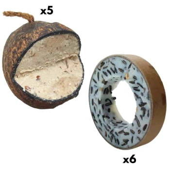 Zwei Haustierleckereien: eine geteilte Kokosnussschale gefüllt mit einer cremigen Mischung (5 Stück) und einem runden, mit Samen gefüllten Donut (6 Stück).