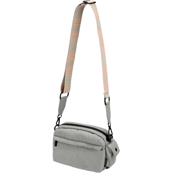 Graue Haustiertragetasche mit einem gemusterten verstellbaren Riemen, ausgestattet mit einem Reißverschluss-Hauptfach und einer Vordertasche.