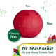 Roter Leckerliball für Haustiere, 9 cm breit, 7,5 cm hoch, fasst 70 ml, beschriftet mit "Die ideale Größe für jede Menge Schleck-Spaß".