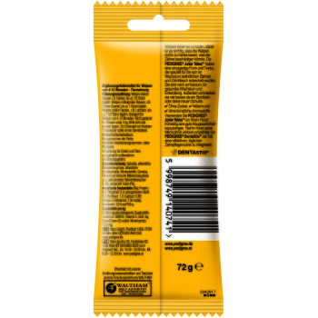 Rückseite der Pedigree Junior Lobbs Welpenfutterverpackung mit Fütterungsanleitung, Zutaten und Nährwertangaben auf Deutsch.