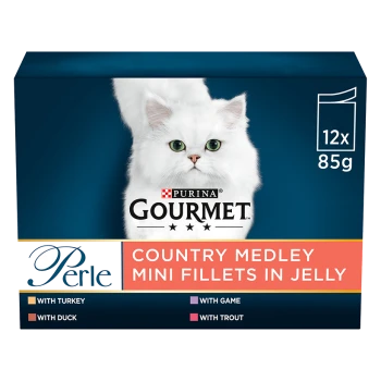 Packaging for Purina Gourmet Perle Country Medley mini fillets in jelly, featuring a white cat, with flavors: turkey, duck, game, and trout.