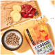Ein glücklicher Hund sitzt in einem Wald neben einer bunten Verpackung von "FAVLY PET FOOD Cookies Wild", die hypoallergene, getreidefreie Zutaten hervorhebt.