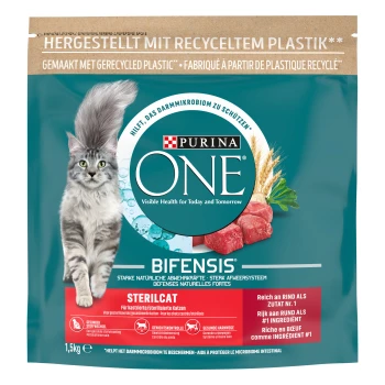 BIFENSIS Sterilcat Rind 1.5 kg Purina ONE Katzenfutterbeutel mit einer grauen Katze und Bildern von Fleisch und Weizen, beschriftet mit "Bifensis" und "Sterilcat," 1,5 kg.