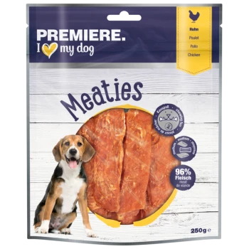 Emballage de Premiere I Love My Dog Meaties présentant des friandises au poulet, 250 g, avec 96 % de contenu en viande et un graphique de chien ludique.
