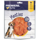 Emballage de Premiere I Love My Dog Meaties présentant des friandises au poulet, 250 g, avec 96 % de contenu en viande et un graphique de chien ludique.