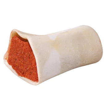 Schienbein-Knochen 2 Stück Rind Ein großer Hundeknochen gefüllt mit einer roten, fleischigen Paste, zeigt eine glatte, weiße Außenseite und eine lebendige Füllung.