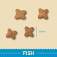 Four star-shaped fish-flavored kibble pieces on a light beige background, with "FISH" in bold blue text below.