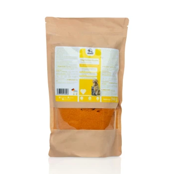 Hagebutten-Früchte Pulver 700 g Braune Papiertüte mit Hundefutterzusatz, beschriftet mit "Hagebutten-Früchte" in einem gelben Design, das Nährwertinformationen und ein Hundebild zeigt.