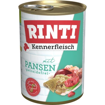 Nourriture en conserve pour chien étiquetée 'RINTI Kennerfleisch mit PANSEN - getreidefrei', avec des images de différentes viandes et ingrédients.