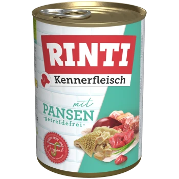 Dose Hundefutter beschriftet mit "RINTI Kennerfleisch mit PANSEN - getreidefrei," mit Bildern verschiedener Fleischsorten und Zutaten.