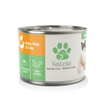Dosenfutter für Katzen mit dem Etikett "Fellicita", das Huhn, Truthahn und Ente enthält; mit Symbolen für hochwertige Zutaten und Mehrprotein.