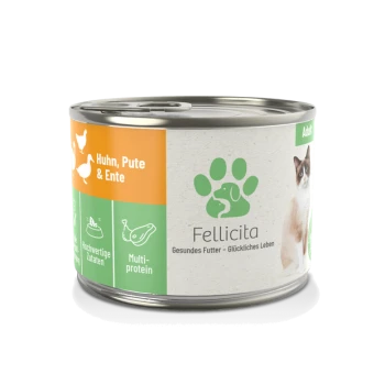 Dosenfutter für Katzen mit dem Etikett "Fellicita", das Huhn, Truthahn und Ente enthält; mit Symbolen für hochwertige Zutaten und Mehrprotein.