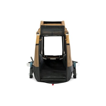 Haustierwagen mit einem tan- und schwarzen Stoffaußenmaterial, mit einem geräumigen Innenraum und einem Netzoberteil zur Belüftung.