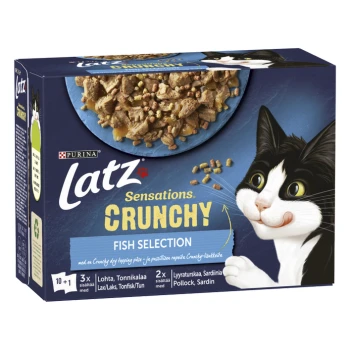 Latz Sensations Crunchy Fish Selection Katzenfutterverpackung mit einer Schüssel Trockenfutter und einer schwarz-weißen Katze.