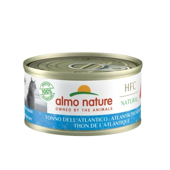 HFC Natural Atlantik-Thunfisch 48x70 g Eine Dose Almo Nature HFC Natur Katzenfutter mit Atlantischem Thunfisch, mit dem Text "100% zur Natur" und "gehört den Tieren."