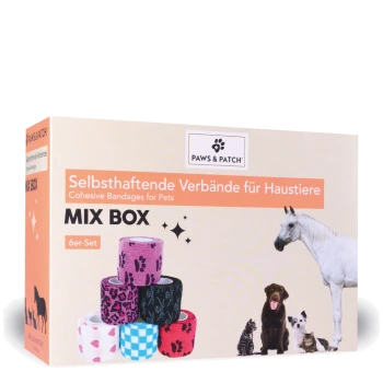 PAWS & PATCH Mixbox mit kohäsiven Tierbinden (6er-Set), gestapelte bunte Rollen und Abbildungen von Pferd, Hund und Katzen.