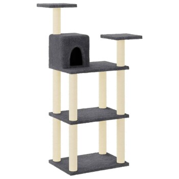 Grauer Katzenbaum mit mehreren Ebenen, einem gemütlichen Versteck und Kratzpfosten, entworfen für das Spiel und die Entspannung von Katzen.