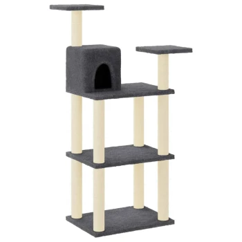 Katzenbaum dunkelgrau Grauer Katzenbaum mit mehreren Ebenen, einem gemütlichen Versteck und Kratzpfosten, entworfen für das Spiel und die Entspannung von Katzen.