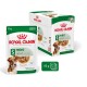 Opakowanie karmy dla psów Royal Canin Mini Adult, z torebką 85g i pudełkiem 12, z obrazkiem psa i etykietą "Utrzymanie wagi."