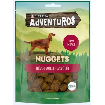 Purina Adventuros Nuggets dog treats package with a golden retriever, labeled "Boar Wild Flavour," "Low in Fat," and "No Artificial Colourants."