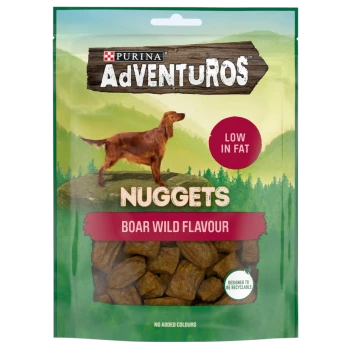 Purina Adventuros Nuggets dog treats package with a golden retriever, labeled "Boar Wild Flavour," "Low in Fat," and "No Artificial Colourants."