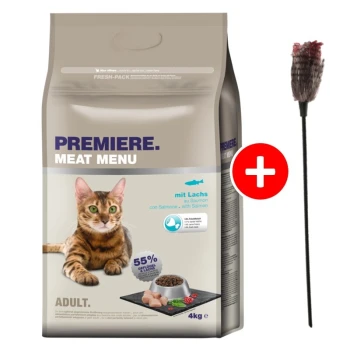Adult Lachs 4kg mit Gratis Katzenangel 4 kg Tüte PREMIERE Meat Menu Katzenfutter mit einer braunen getigerten Katze auf der Vorderseite, beschriftet mit "mit Lachs" und einem Katzenspielzeug daneben.