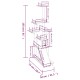 Diagramm eines mehrstöckigen Katzenbaums mit in Zentimetern und Zoll beschrifteten Abmessungen, mit Plattformen, einer Rutsche und einem Versteck.