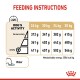 Feeding instructions chart for dogs, detailing daily food amounts based on weight (26-38 kg) and activity level, with a water icon.