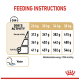Feeding instructions chart for dogs, detailing daily food amounts based on weight (26-38 kg) and activity level, with a water icon.
