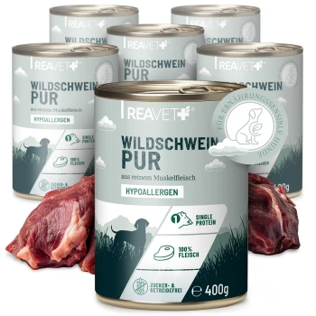 Dosen mit REAVET Wildschwein Pur hypoallergenem Hundefutter mit Wildschweinfleisch, Einzelprotein, getreide- und zuckerfrei, 400 g.