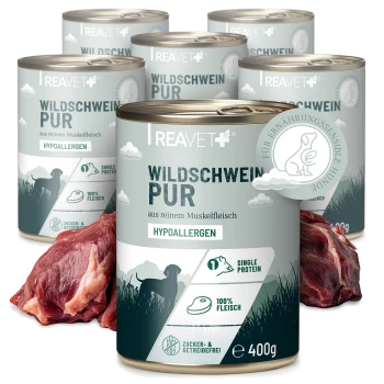 Dosen mit REAVET Wildschwein Pur hypoallergenem Hundefutter mit Wildschweinfleisch, Einzelprotein, getreide- und zuckerfrei, 400 g.