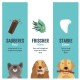 Trzy panele promujące produkty dentystyczne dla psów: "Sauberes Maul" (patyk do żucia), "Frischer Atem" (liście mięty) i "Starke Zähne" (grafika zębów).