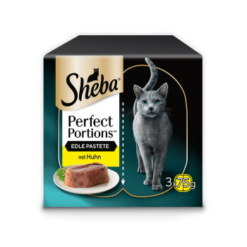 Sheba Perfect Portions Katzenfutterkarton mit grauer Katze, Hühnerpastete; Text 'mit Huhn' und '3x75 g'.