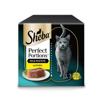 Sheba Perfect Portions Katzenfutterkarton mit grauer Katze, Hühnerpastete; Text 'mit Huhn' und '3x75 g'.