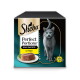 Sheba Perfect Portions Katzenfutterkarton mit grauer Katze, Hühnerpastete; Text 'mit Huhn' und '3x75 g'.