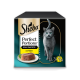 Sheba Perfect Portions Katzenfutterkarton mit grauer Katze, Hühnerpastete; Text 'mit Huhn' und '3x75 g'.