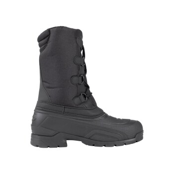 Schwarzer isolierter Winterstiefel mit Schnürung vorne und Gummisohle, entworfen für kalte Wetterbedingungen.